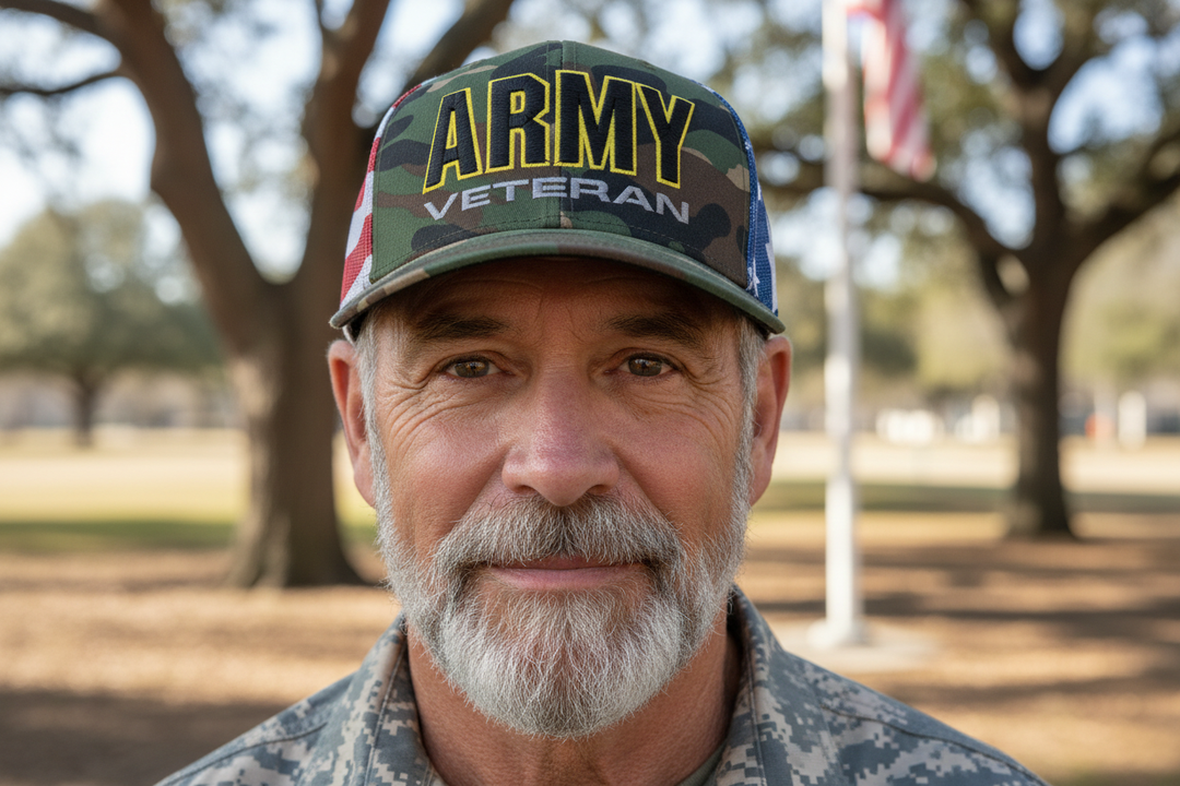 Retired Army veteran in Stars & Stripes hat - corrected sides