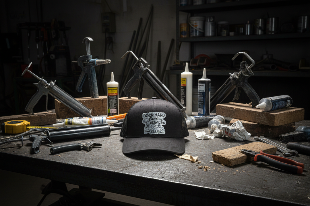 Rock Hard Caulking hat on workbench with tools