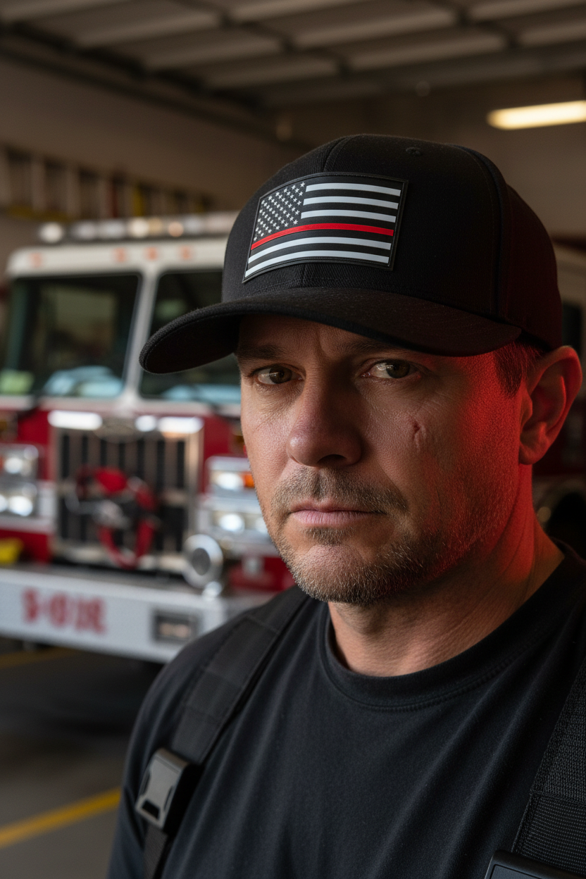 Rugged firefighter supporter with Thin Red Line hat