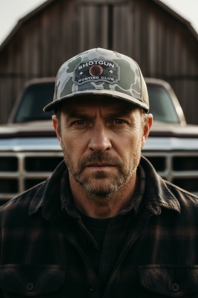 Rugged outdoorsman close-up with Shotgun Hunting Club hat