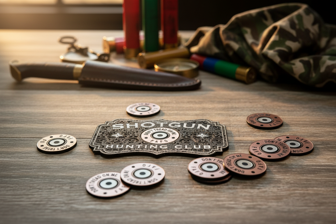 Shotgun Hunting Club patch and shell casings - hunting cabin lifestyle