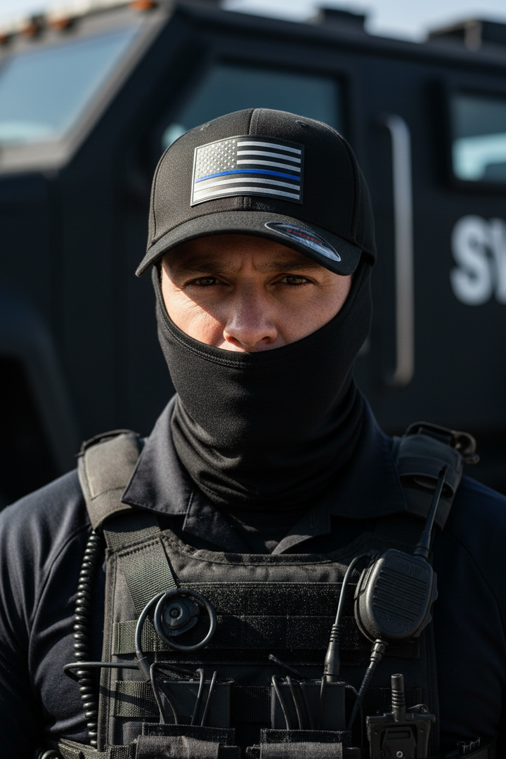 SWAT officer wearing Thin Blue Line hat with tactical gear