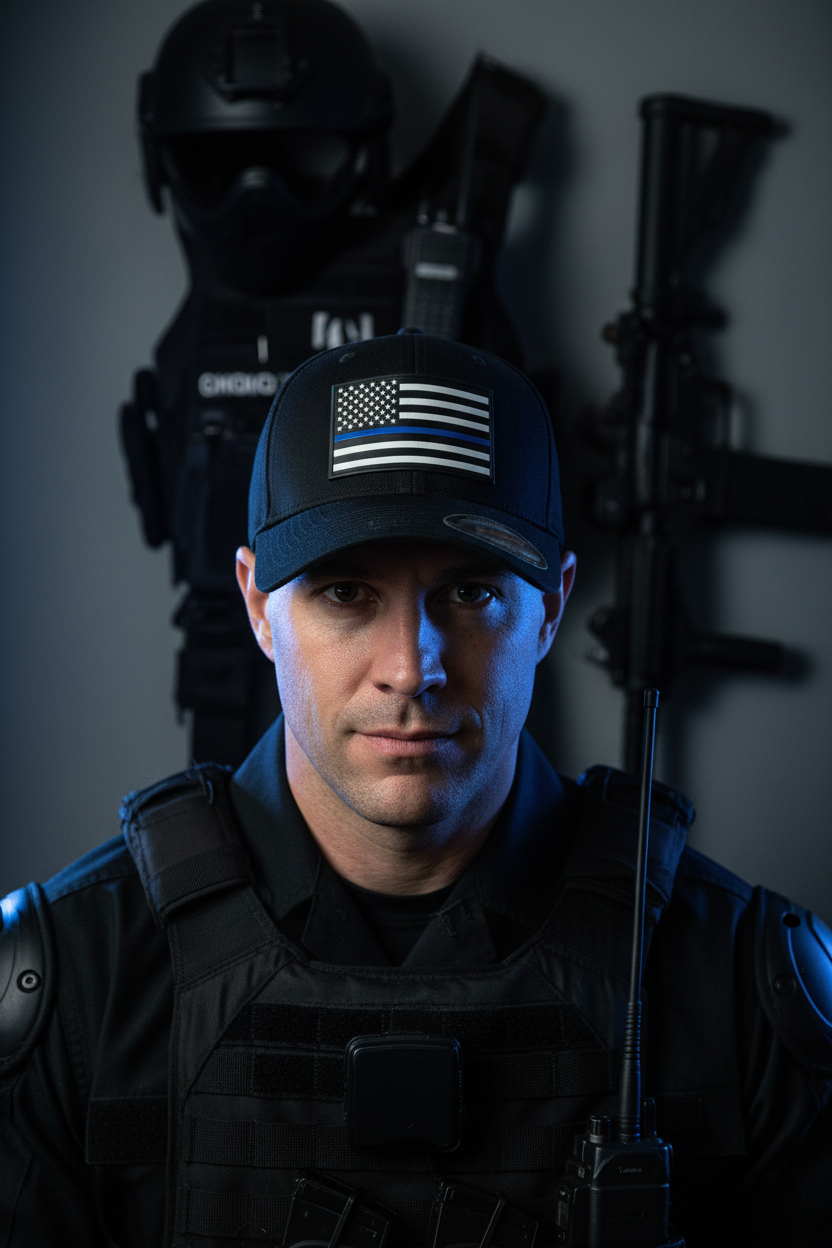 SWAT team member with Thin Blue Line hat and equipment