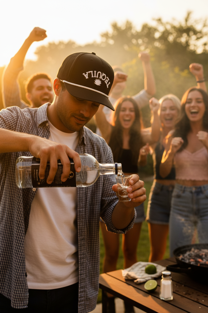 Tequila hat backyard BBQ pouring shots