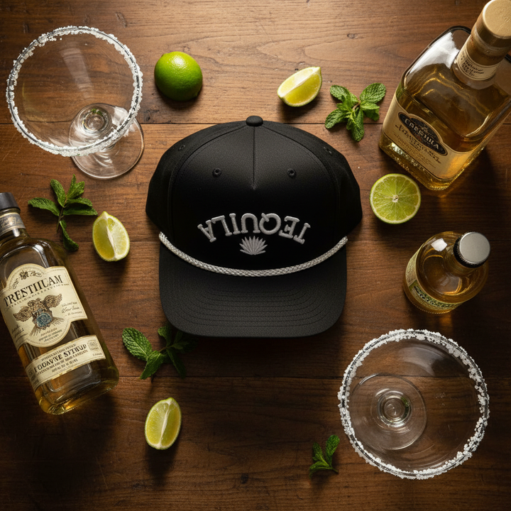 Tequila hat margarita flat lay