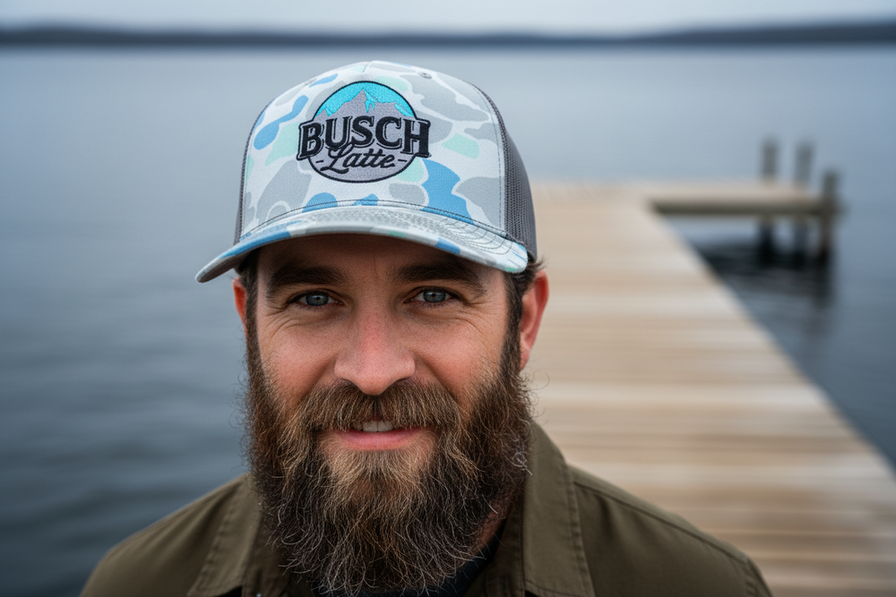 Tight close-up of bearded model in Busch Latte hat
