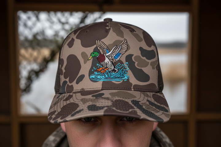 Tight crop of hunter in Richardson duck camo hat