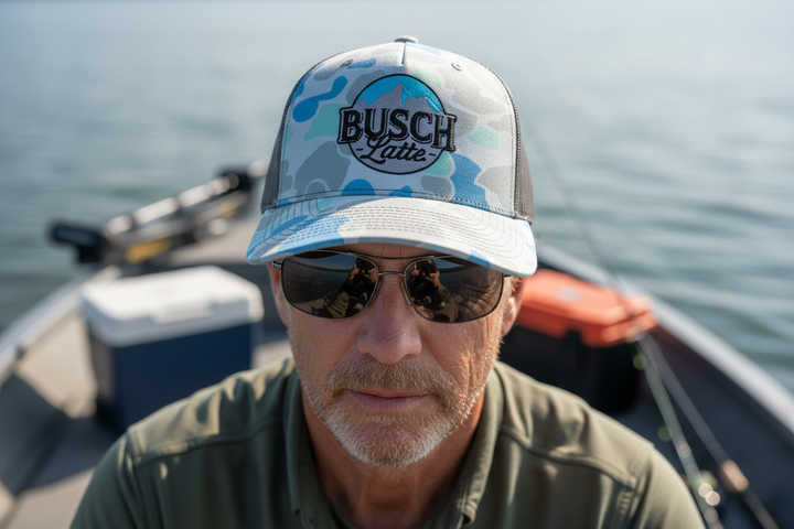 Tight shot of Busch Latte hat on boat