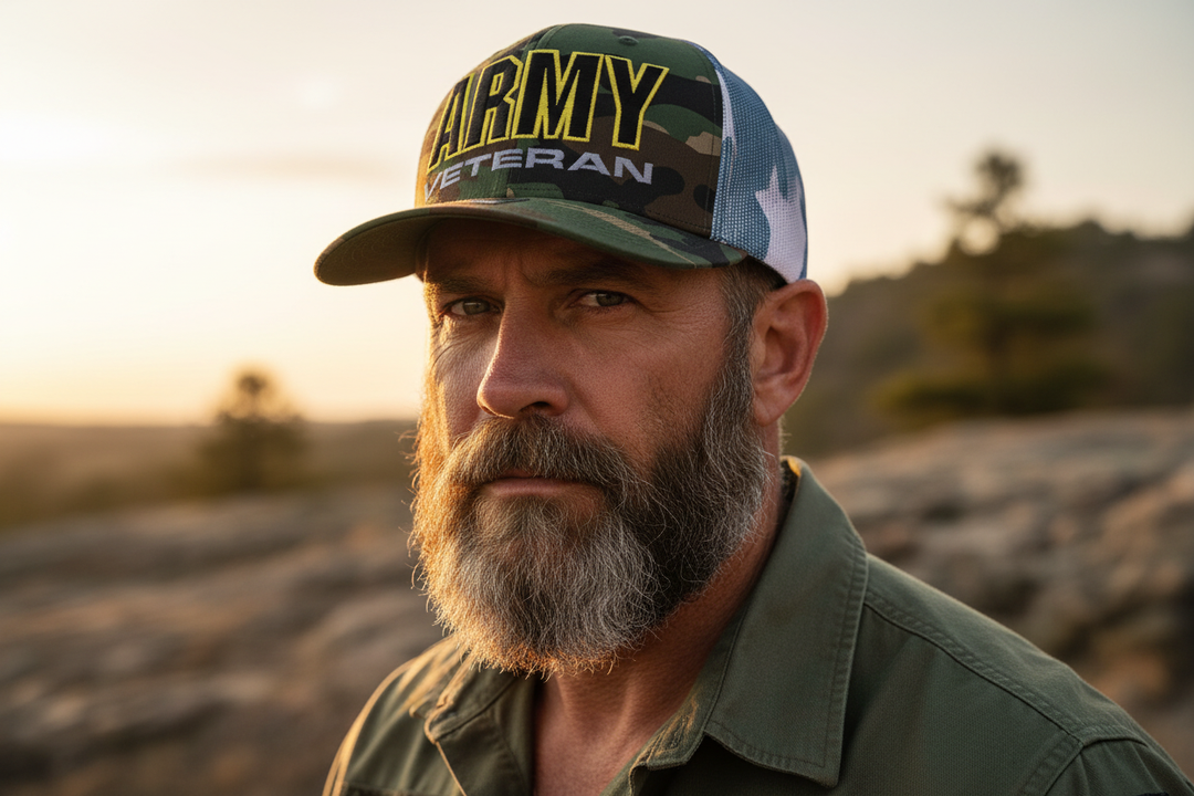 Tough bearded veteran wearing Army Veteran Richardson hat