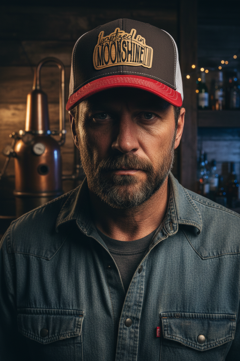 Tough guy at moonshine still wearing Baptized in Moonshine hat
