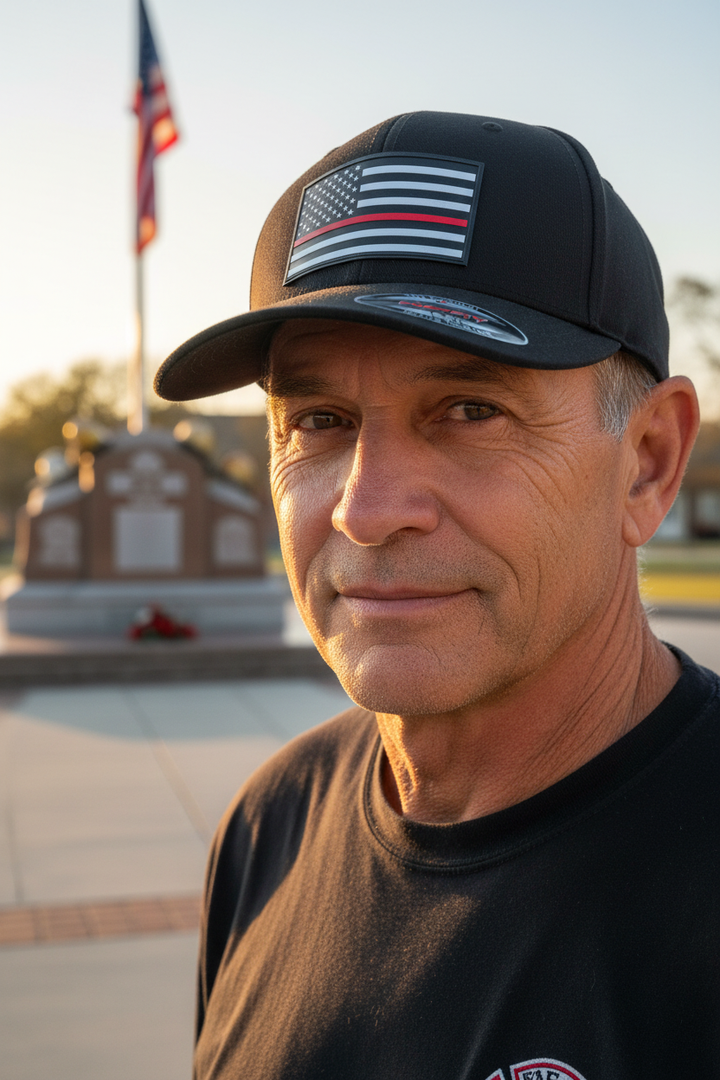 Veteran firefighter at memorial wearing Thin Red Line hat