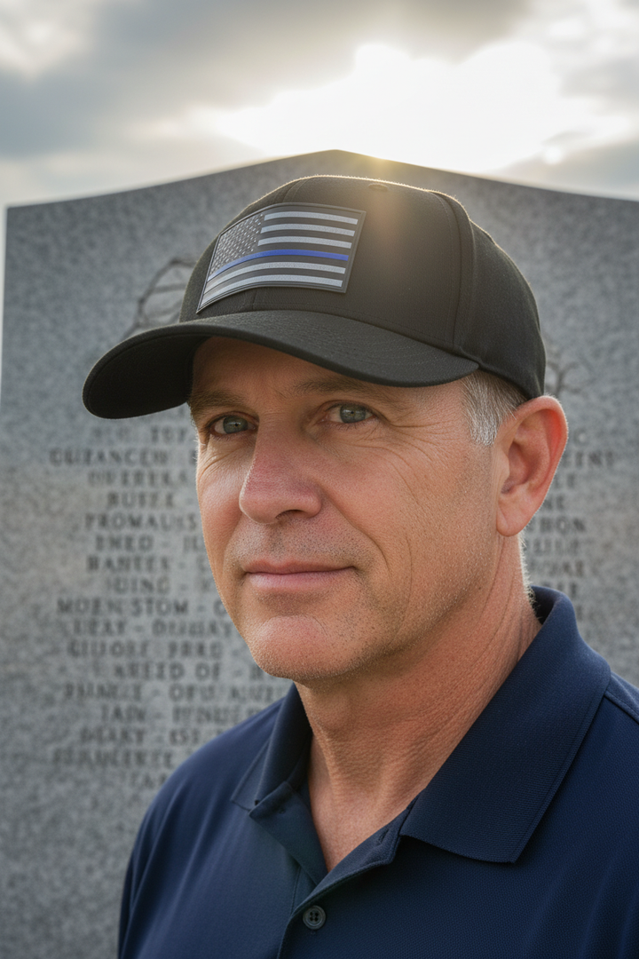 Veteran supporter at memorial wearing Thin Blue Line hat