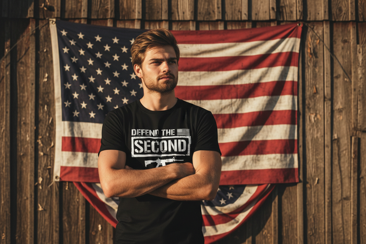 White tee - patriotic flag backdrop