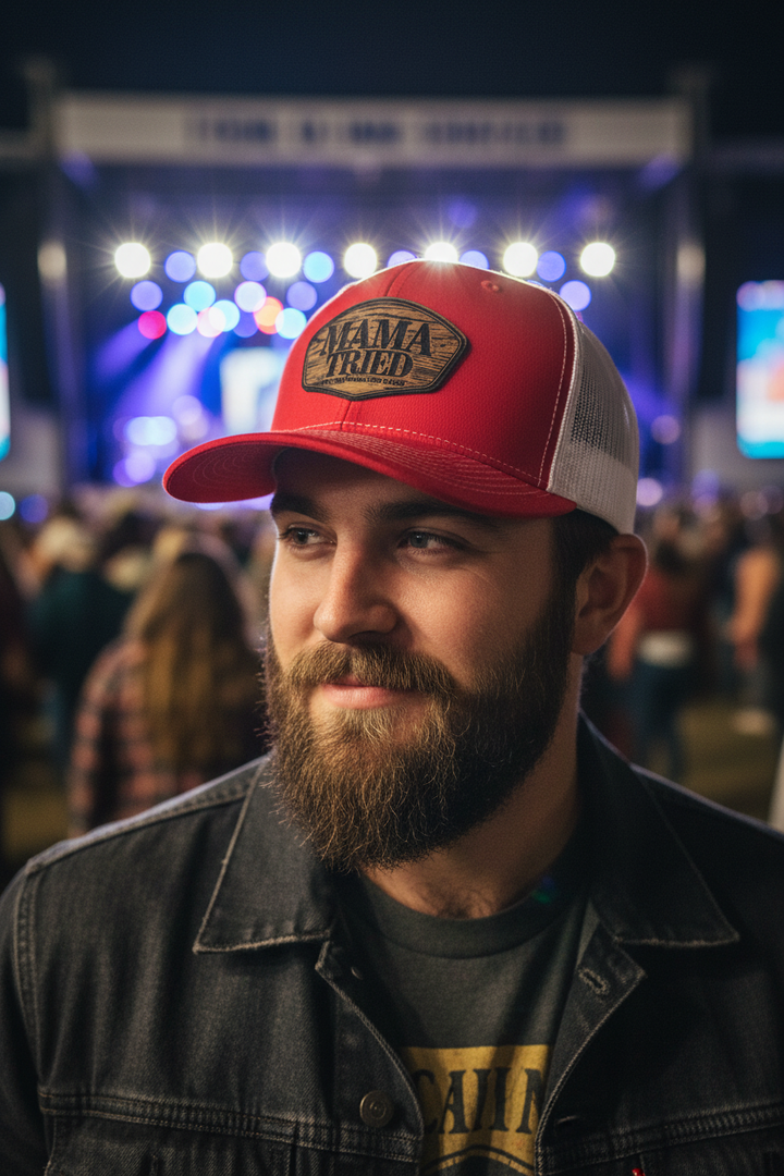 Young man at country concert wearing Mama Tried hat