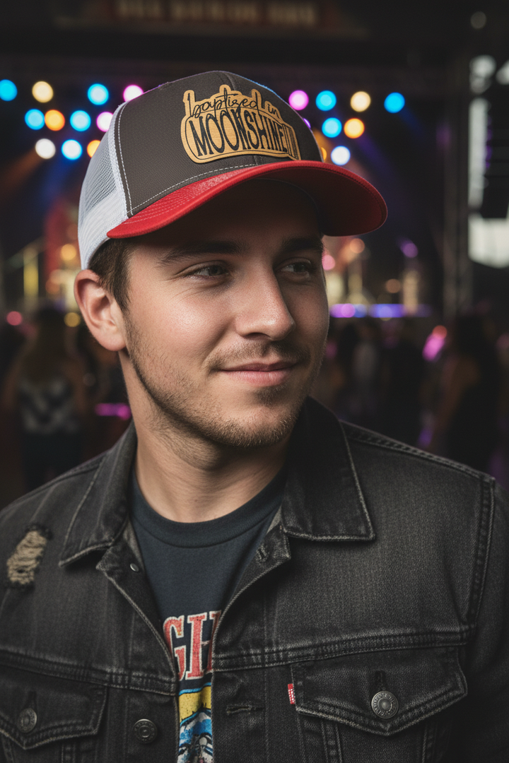 Young man at honky-tonk wearing Baptized in Moonshine hat