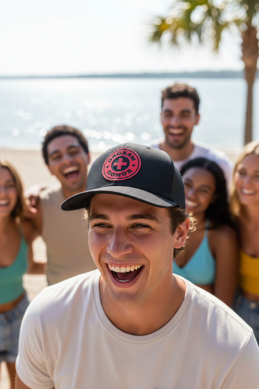 Young man laughing at beach wearing Orgasm Donor hat